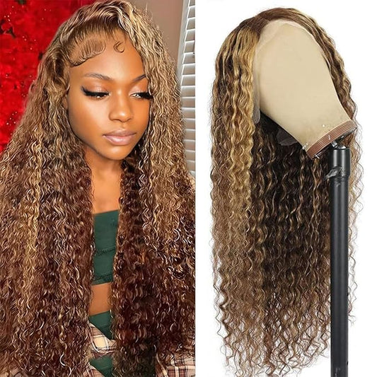 Highlight Ombre Lace Front Wigs Human Hair Honey Blonde Deep Wave 13x6 HD Transparent Lace Frontal Wigs Human Hair P4/27 Colored Curly Wig for Women 180% Density Glueless Pre Plucked 34 Inch Wig