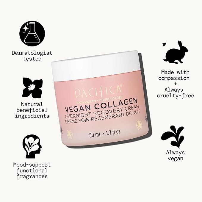 Pacifica Night Face Cream - Vegan Collagen Overnight Recovery Cream, Nighttime Face Cream for Anti-Aging & Wrinkles, Improves Dry Skin & Redness Vegan, Clean Beauty, Dermatologist Tested