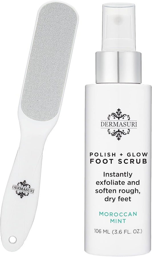 Dermasuri Callus Remover Foot Scrub - Exfoliating Feet Spray-on Formula and Reusable Deluxe Sole File - Dead Skin Remover, Callus Rasp, Scrubber, Peel & Soften Cracked Heels - Deluxe Pedicure Spa Kit