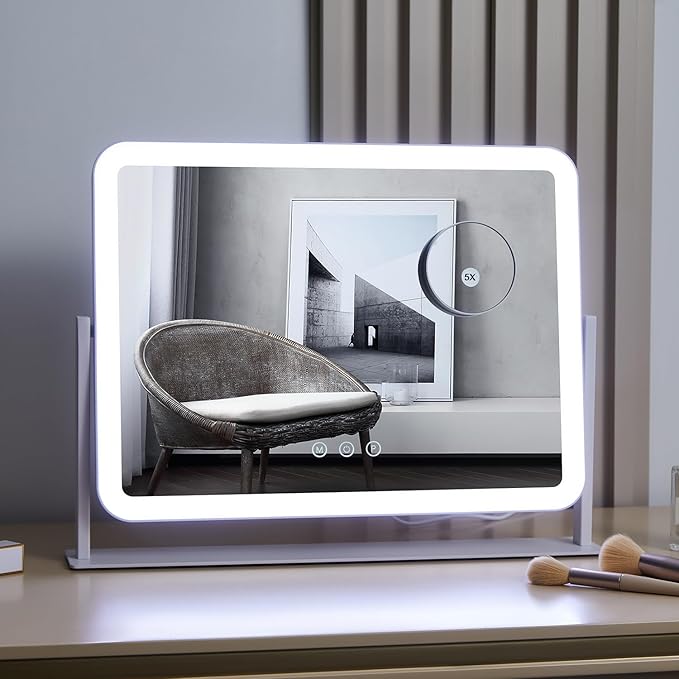 HIEEY Vanity Mirror with Lights, Lighted Makeup Mirror, Three Color Lighting Modes, and 5X Magnification Mirror, Smart Touch Control, 360°Rotation (17.4" x 13.5" White,Gift Box)
