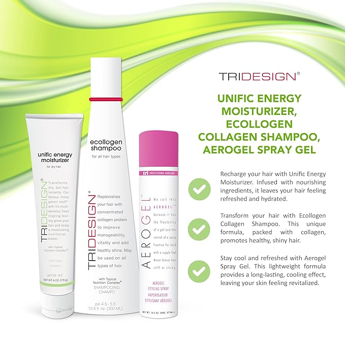 TRI Design Shampoo, Conditioner and Hair Finishing Spray Set - Includes Aerogel Spray Gel 10.5 oz., Ecollogen Collagen Shampoo 10.5 oz. and Unific Energy Moisturizer 6 oz., for All Hair Types