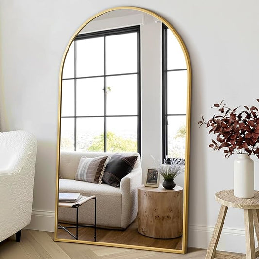 FICTOR Bathroom Vanity Mirror for Wall,50”x30” Large Arched Bathroom Mirror, Metal Framed with HD Shatter-Proof Glass for Entryway, Living Room,Bedroom, Wall Mounted or Leaned Against(Gold)