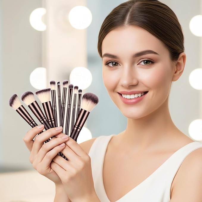 Makeup Brush Sets 10 Pcs Make Up Brushes for Women Wooden Handle Soft Synthetic Bristles Professional Complete Makeup Brushes for Face Foundation Concealer Blush Eyeshadow Brown for Women Girls