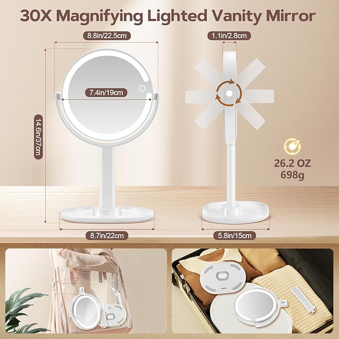 MIYADIVA Makeup Mirror with Lights, 30X Magnifying Mirror with 2-Sided Switch, Vanity Mirror with 3 Colors and Adjustable Brightness, 80 LEDs, Ideal Gift for Daily Makeup and Skincare, 8.8 Inches