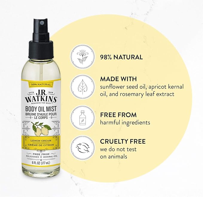 J.R. Watkins Natural Hydrating Body Oil Mist, Lemon Cream, Moisturizing Body Oil Spray for Glowing Skin, USA Made and Cruelty Free, 6 fl oz, Single