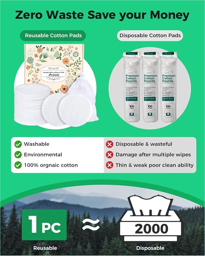 ProCIV Reusable Makeup Remover Pads, 18 Packs Washable Organic Bamboo Reusable Cotton Rounds for All Skin Types & Toner with Laundry Bag, Eco Friendly Zero Waste Reusable Cotton Pads for Woman (White)