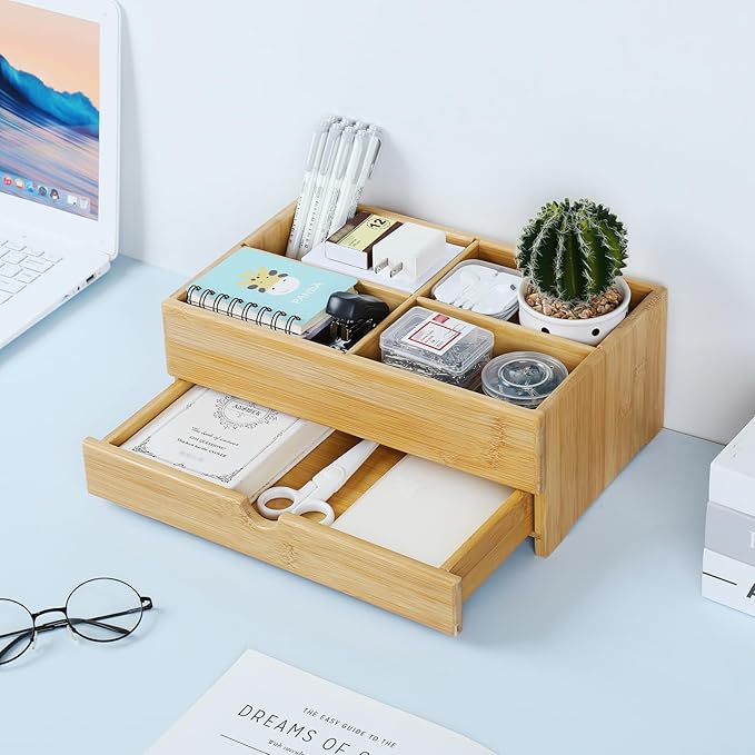 GOBAM Makeup Storage Drawer Organizer Bamboo Wood Cosmetic Display Box, Large Capacity Bathroom Beauty Countertop Organizer, Great for Bathroom Dresser