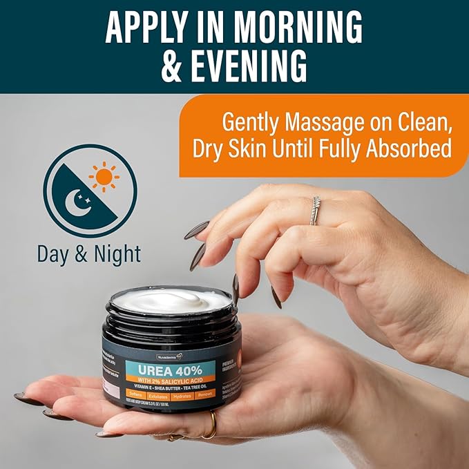 NUVADERMIS Urea Cream 40 Percent for Feet Maximum Strength - 40% Urea Foot Cream for Dry Cracked Heels and Feet - 2% Salicylic Acid, Shea Butter, Tea Tree Oil, Vitamin E - 5.3 fl oz