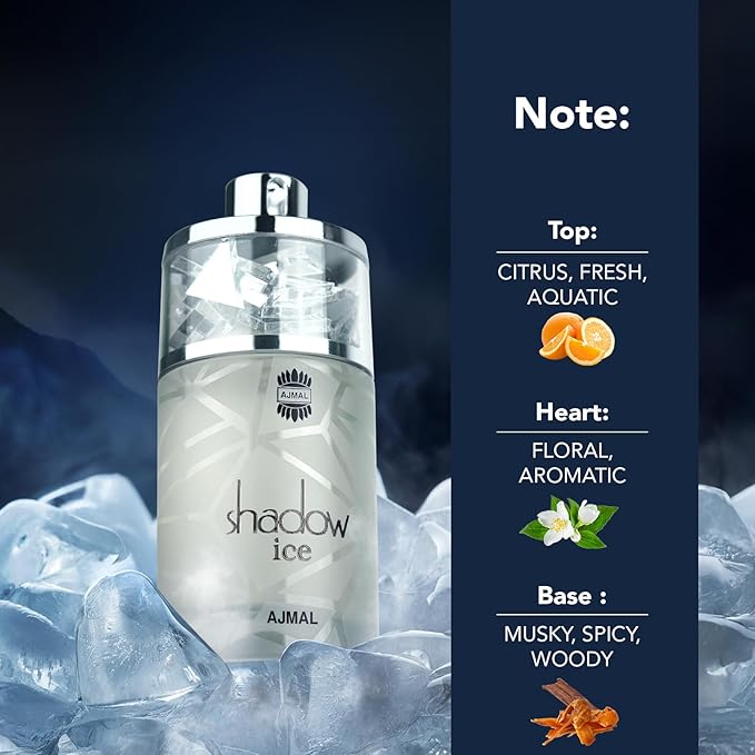 Ajmal Shadow Ice Eau de Parfum 3.4 oz / 100 ml – Fresh Long-Lasting Unisex Perfume | Citrus, Neroli, Jasmine, Musk & Sandalwood | Premium Summer Fragrance from Dubai