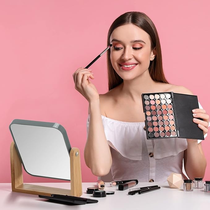 YEAKE Double Sided 3X Magnifying Makeup Mirror with Bamboo Stand,Small Desk Table Mirror with 360° Rotation,Standing Portable Cosmetic Mirror,Good for Shower,Shaving and Traveling-Grey