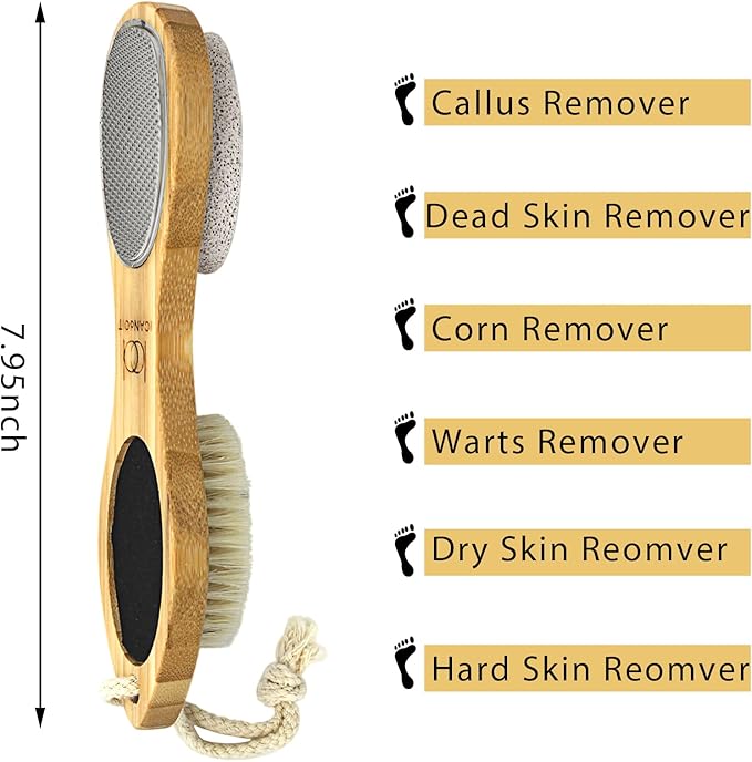 ICDI ICANdOIT Natural Bamboo Foot File Callus Remover-Multi Purpose 4 in 1 Feet Pedicure Kit with Foot Care Boar Bristle Brush,Pumice Stone,Foot Rasp,Sand Paper