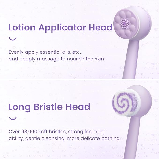 Electric Back Scrubber for Shower Body Brush, Waterproof Shower Body Scrubber for Cleansing, Massaging, Rechargeable Spinning Bath Brush for Kids with 2 Heads & 3 Speed Modes, Taro Purple XY0