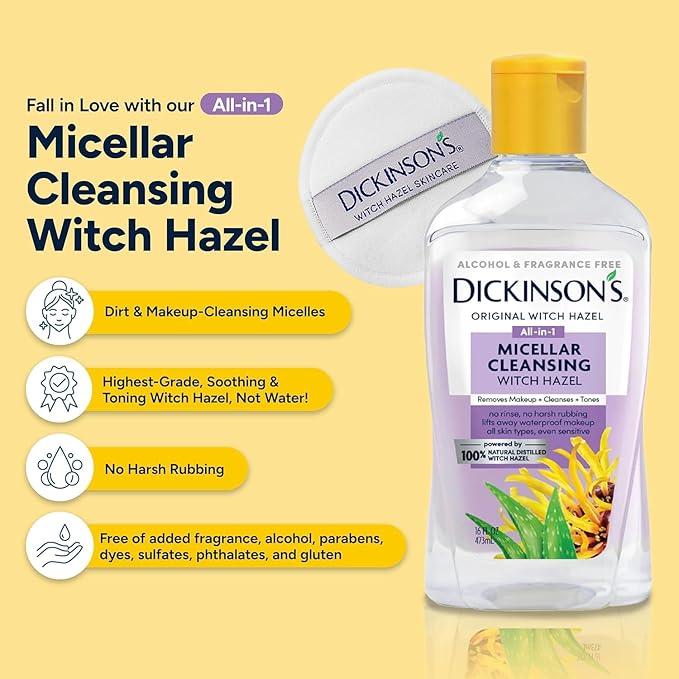 Dickinson's Micellar Cleansing Witch Hazel, An All-in-1 Makeup Remover, Pore Refiner, Skin Cleanser and Toner; Alcohol Free with Aloe, for Sensitive Skin, 16oz