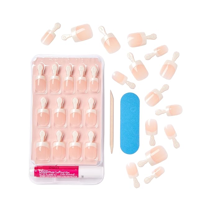 Kiss Everlasting French Nail Manicure, Chip-Free, Flexi-Fit Technology, Real Short, "String of Pearls", Nail Kit with Pink Nail Glue (Net Wt. 2g / 0.07oz), Mini File, Manicure Stick, and 28 Fake Nails
