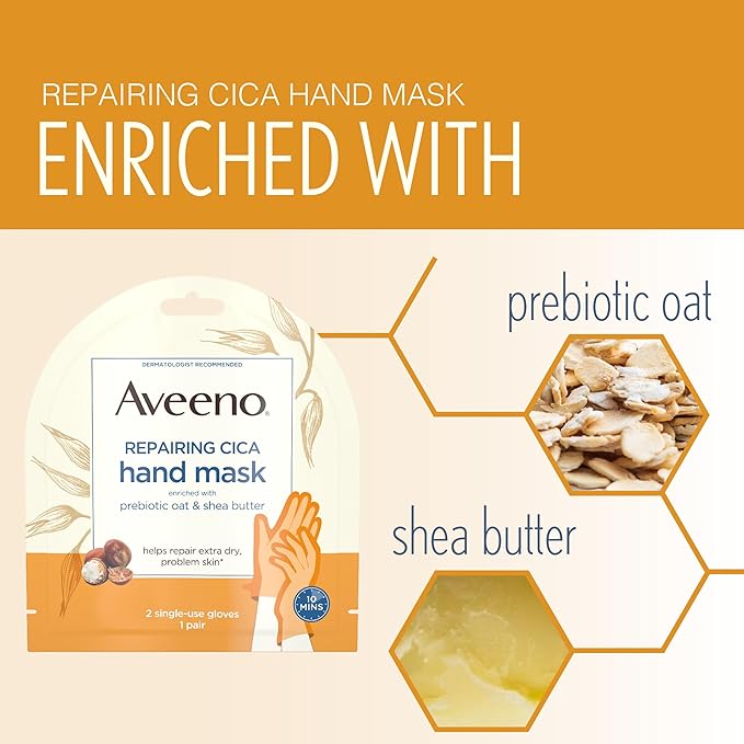 Aveeno Skin Relief Repairing Hand Mask, Moisturizing Gloves with Prebiotic Oat & Shea Butter for Very Dry Skin, Hand Care for Sensitive Skin, Fragrance-Free, 1 Pair of Single-Use Gloves (Pack of 4)