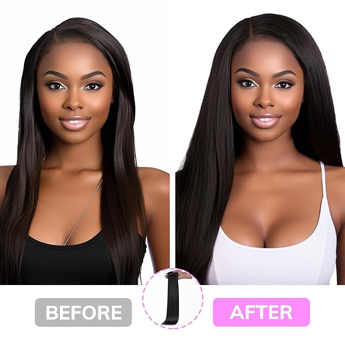 IDN BEAUTY Clip In Hair Extensions Real Human Hair, Yaki Straight 24 Inch 120g 7pcs Natural Black Human Hair Clip In Extensions Remy Virgin Human Hair Clip Ins for Black Women Thick Ends