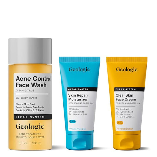 Geologie Clear Skin Face Routine | 3-Piece Kit Includes Exfoliating Cleanser, Repairing PM Moisturizer, Oil Free AM Moisturizer | Daily Routine for Clear, Healthy Skin | Lasts 3 Months