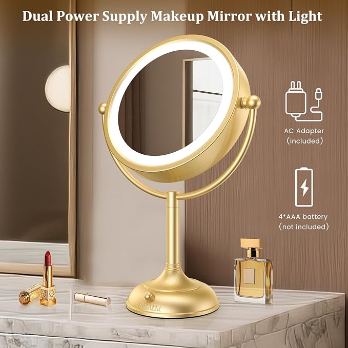 VESAUR 8.5'' Large Gold Lighted Makeup Mirror, 1X/10X Clear Seamless Magnifying Mirror, Bright Vanity Mirror with 3 Colors Dimmable Lights, Two-Sided 360°Rotation Stable Base, Luxury Nickel, Gift Box