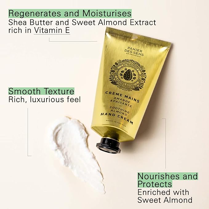 Panier des Sens - Hand Cream for Dry Cracked Hands - Almond Hand Lotion with Sweet Almond Oil & Shea Butter - Vitamin E Skin Moisturizer with 97% Natural Ingredients - Made in France, 2.5 fl oz