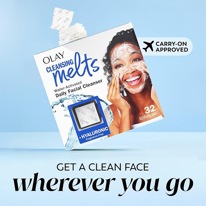 Olay Face Wash, Hyaluronic Acid Cleansing Melts, Fragrance-Free, Daily Use Gentle Cleanser, For All Skin Types, Travel Size, Water-Activated to Clean, Tone, and Refresh, 64ct (2 Pack x 32ct)