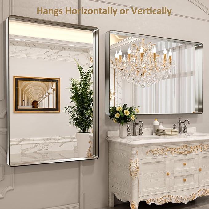 LOAAO 60X40 Inch Brushed Nickel Bathroom Mirror, Rounded Rectangle Silver Metal Frame Mirror, Brushed Nickel, Anti-Rust, Shatter Proof, Hangs Horizontally or Vertically