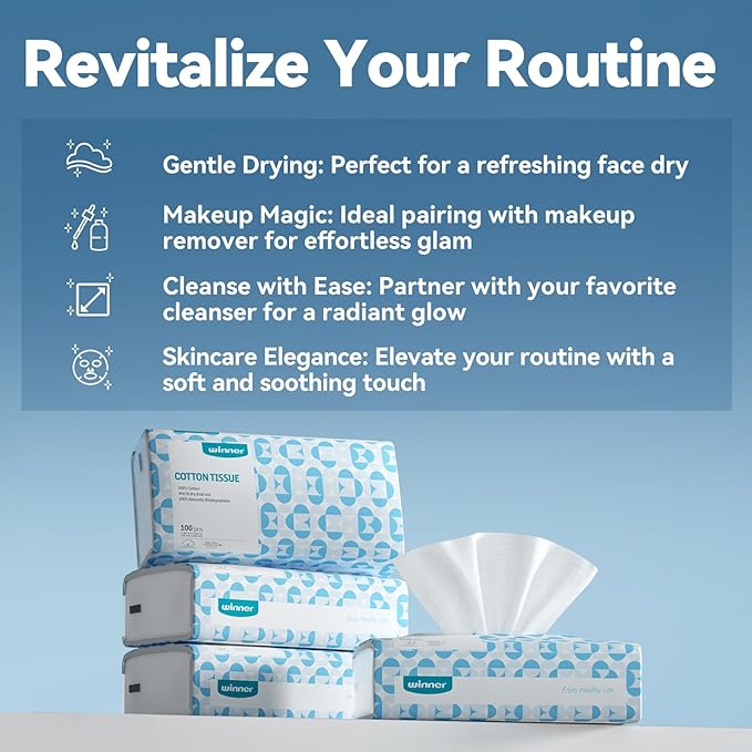 Winner Soft Face Towels, 100% USDA Biobased Facial Towels, Unscented Cotton Tissues for Sensitive Skin, OEKO-TEX Certified Face Towelettes Disposable, Makeup Remover Dry Wipes, 600 Ct, Pack of 6