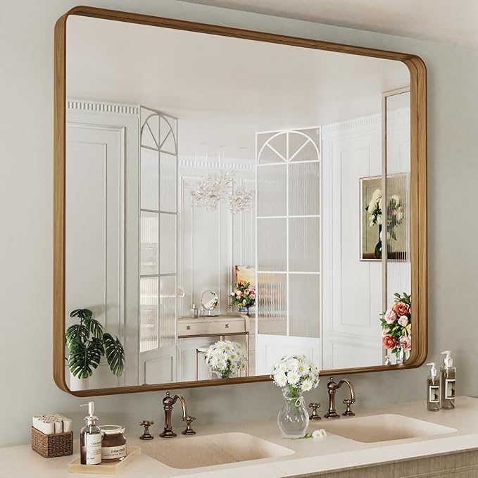 LOAAO 48X40 Inch Bathroom Mirror with Wood Grain Colored Metal Frame, Rounded Rectangle Metal Framed Bathroom Mirror, Anti-Rust, Hangs Horizontally or Vertically, Tempered Glass