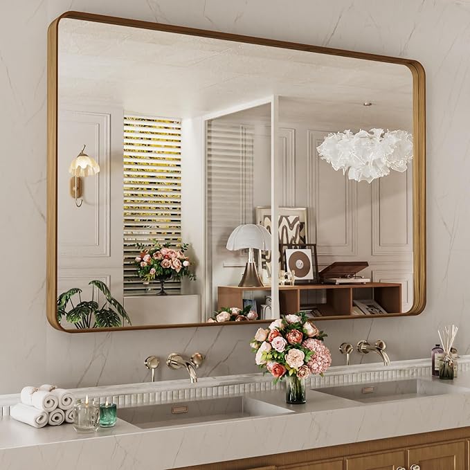 LOAAO 50X30 Inch Bathroom Mirror with Wood Grain Colored Metal Frame, Rounded Rectangle Metal Framed Bathroom Mirror, Anti-Rust, Hangs Horizontally or Vertically, Tempered Glass