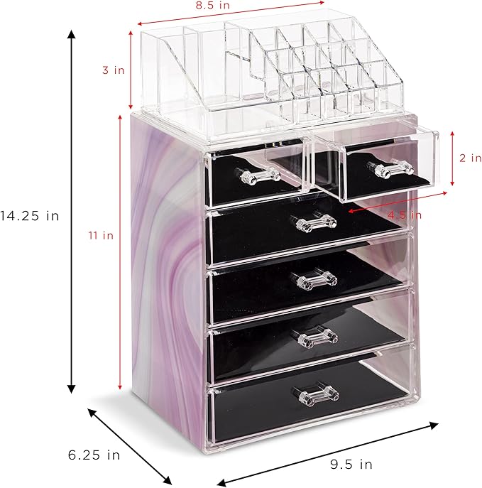 Sorbus Clear Cosmetic Makeup Organizer - Make Up & Jewelry Storage, Case & Display - Spacious Design - Great for Dresser, Bathroom, Vanity & Countertop (4 Large, 2 Small Drawers) [Tie Dye Print]