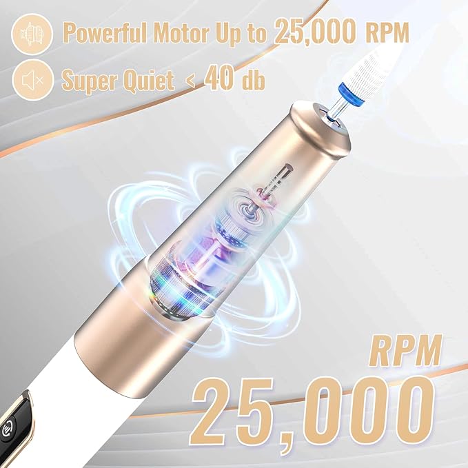 Nail Drill Cordless, Electric Nail File 12 in 1 with LED Display, Nail Drill Machine Professional Portable Rechargeable E File for Gel Acrylic Manicure Pedicure Set with 5 Speeds Golden