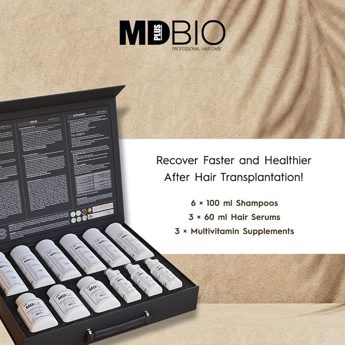 MD PLUS BIO Hair Transplant Repair Set - Hair Care Package with Shampoo, Serum and Multivitamins - Advanced Hair Care Products Containing Biotin, Keratin, Collagen – (3 Months)