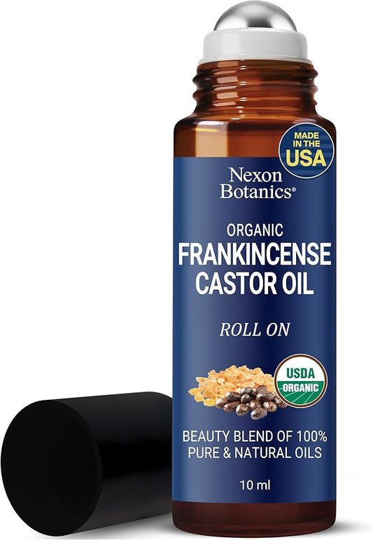 Organic Castor Oil and Frankincense Eye Roller 10 ml - Natural Essential Blend for Under Eye Puffiness & Fine Lines - Lightweight Roll On - Nexon Botanics