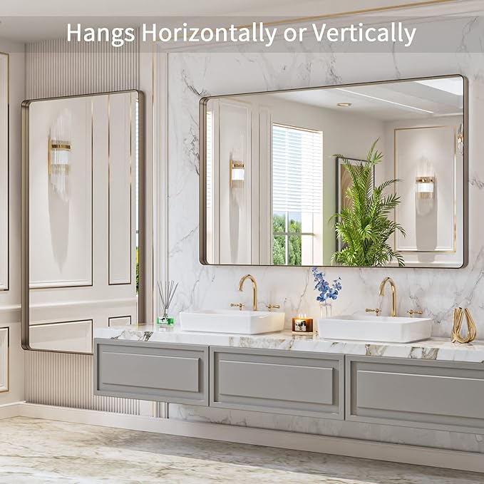 LOAAO 60”X36” Bronze Bathroom Mirrors for Vanity, Rounded Rectangle Brushed Bronze Metal Frame Mirror, Anti-Rust, Tempered Glass, Hangs Horizontally or Vertically