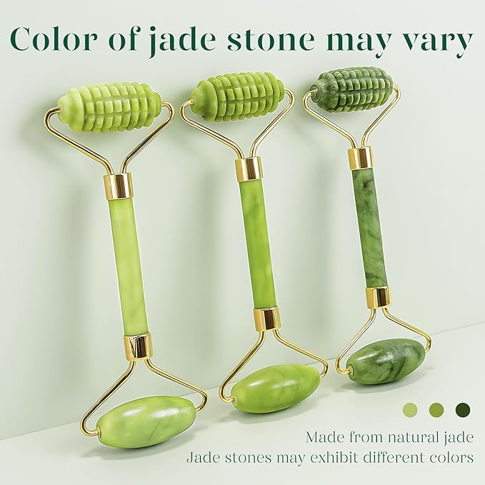 BAIMEI IcyMe Gua Sha and Jade Roller for Face, Natural Jade Face Roller with Ridge Design for Reducing Puffiness & Skin Firming,Facial Sculpting Tool, Self Care Gift for Women Men