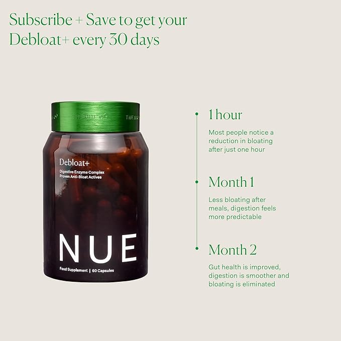 The Nue Co. DEBLOAT+ Supplement, Bloating, Soothes Gas and Abdominal Pain, Immunity Support, Improves Gut Health, Vegan, Gluten Free, 60 Capsules