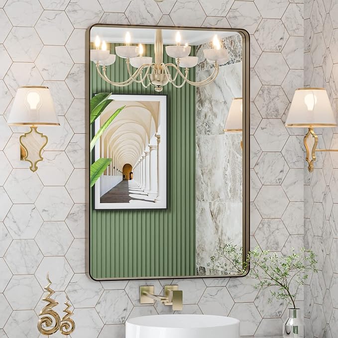 LOAAO 24”X32” Bronze Bathroom Mirrors for Vanity, Rounded Rectangle Brushed Bronze Metal Frame Mirror, Anti-Rust, Hangs Horizontally or Vertically