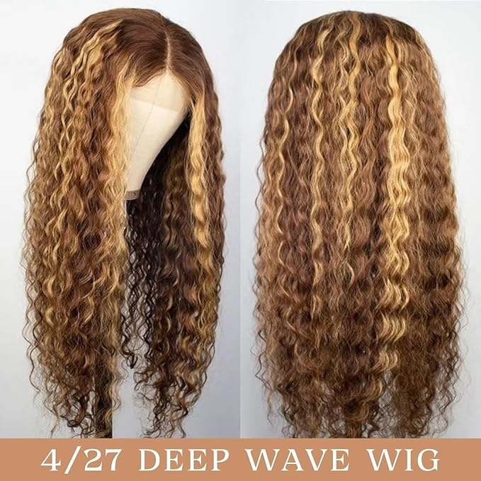 Highlight Ombre Lace Front Wigs Human Hair Honey Blonde Deep Wave 13x6 HD Transparent Lace Frontal Wigs Human Hair P4/27 Colored Curly Wig for Women 180% Density Glueless Pre Plucked 20 Inch Wig
