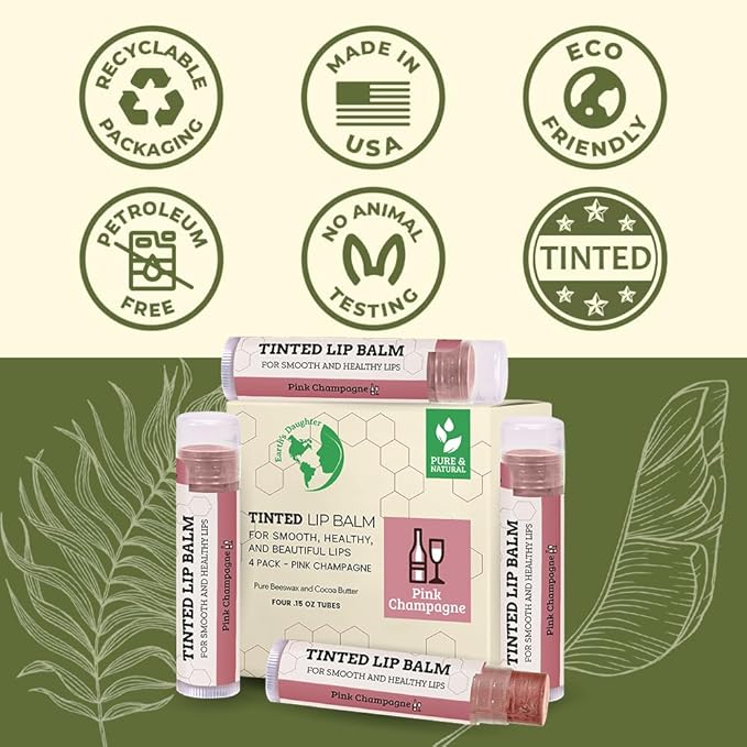 Earth's Daughter Tinted Lip Balm Stocking Stuffers 4-Pack of Pink Champagne Color - Beeswax, Coconut Oil, Cocoa Butter, Vitamin - Moisturize and Beautify - Paraben Free