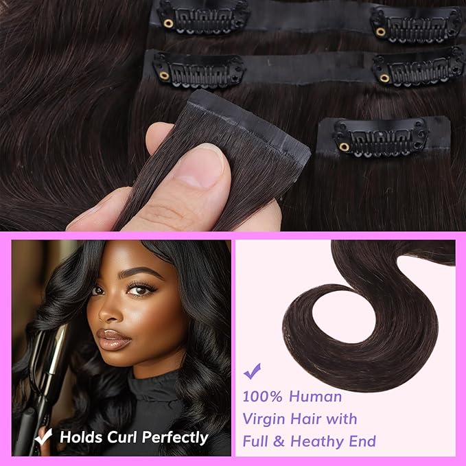 IDN BEAUTY Seamless Clip In Hair Extensions Human Hair 130g Dark Brown Real Remy Virgin Human Hair Seamless Clip Ins For Black Women PU Weft Invisible Edge Thick Soft BW 16 Inches 9Pcs