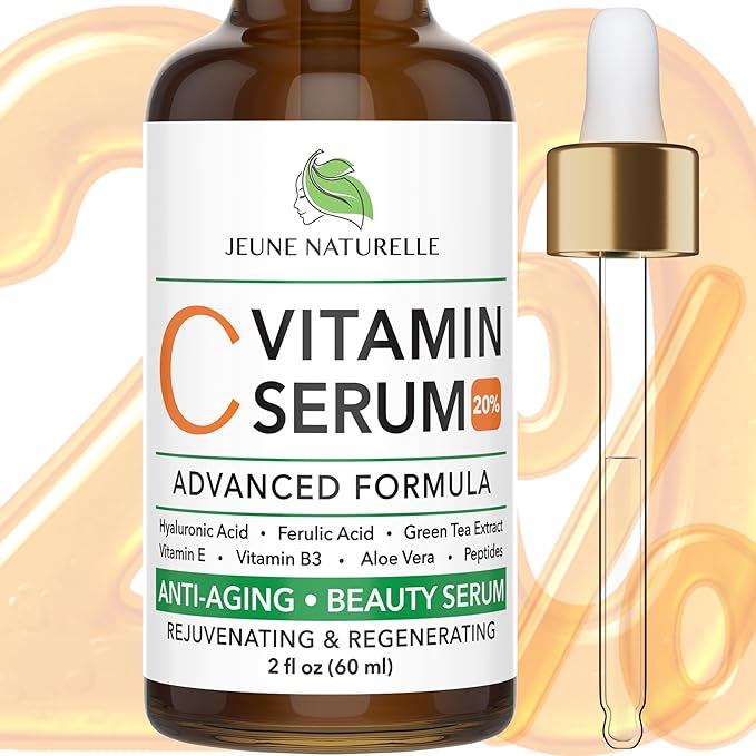 All Natural Pure 20% Vitamin C Serum For Face + 6 Active Boosters for Dark Spots, Wrinkles, Brightening, Hydrating, Even Tone, Healthy Glow with Niacinamide, Hyaluronic Acid, Ferulic Acid, Vitamin E