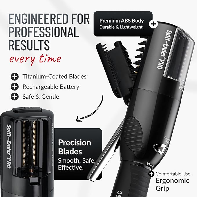 PRO - Original Professional Beauty Tool - Cordless Split End Hair Trimmer for Damaged, Dry, Brittle, Frizzy, Curly or Straight Hair (Black, Professional Kit)
