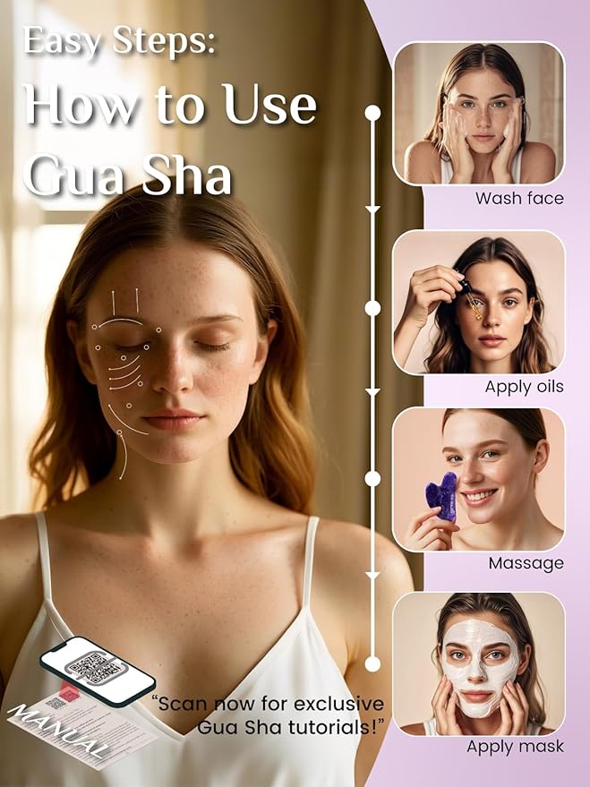 Rena Chris Gua Sha Facial Tools: Natural Amethyst Guasha Tool for Face Acupuncture Therapy, Facial Massager for Jawline Sculpting and Puffiness Reducing (Purple)
