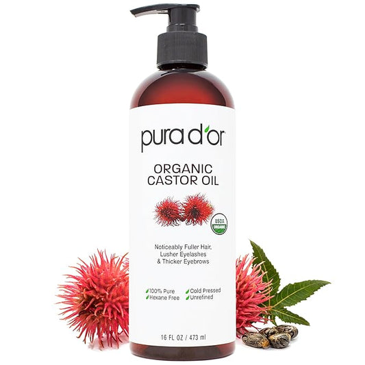 PURA D'OR 16 Oz Organic Castor Oil – Pure Cold-Pressed Hexane-Free USDA Certified – Lashes Brows Hair Scalp Skin – Botanical Moisturizer for Softness Strength Hydration Shine Radiance – Bulk Size