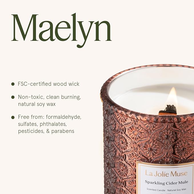 LA JOLIE MUSE Sparkling Cider Mule Candle | Apple Cider, Orange & Amber | 19 oz Wooden Wick | 90-Hour Clean Burn | Vibrant Scent | Gift for Hosts & Tablescapes