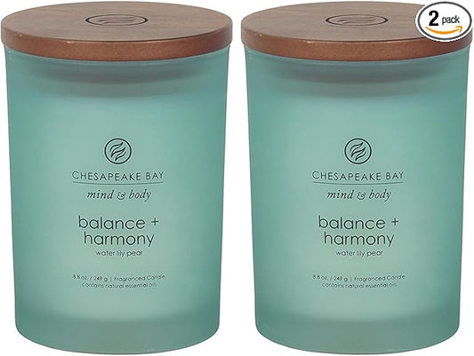Chesapeake Bay Balance + Harmony Scented Candles Water Lily Pear Fragrance Medium Size Natural Soy Wax 50 Hours Burn Time Pack of 2