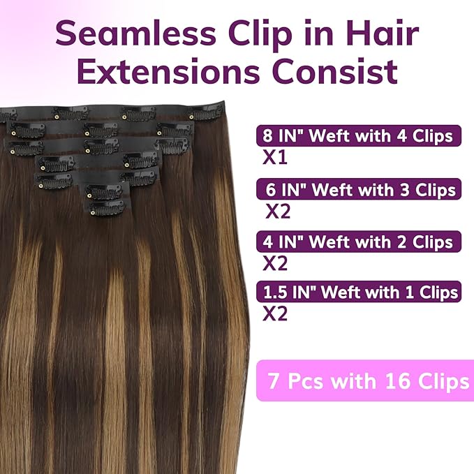 IDN BEAUTY Seamless Clip In Hair Extensions Human Hair 4/27/4 Balayage Chocolate Brown to Caramel Blonde Straight Seamless Clip Ins For Black Women PU Weft Invisible Edge 110g 22 Inch 7pcs