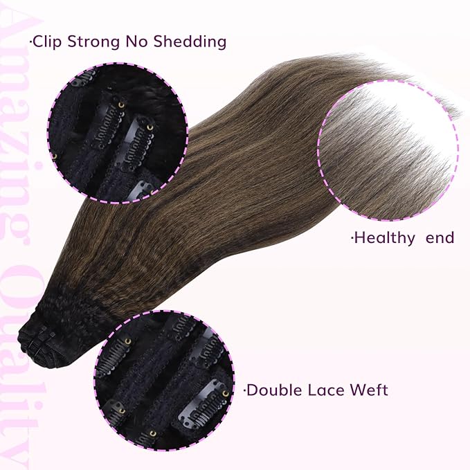 IDN BEAUTY Clip In Hair Extensions Real Human Hair, 24 Inch 120g 7pcs, 1B/6/1B Balayage Natural Black to Chestnut Brown Kinky Straight Clip Ins Remy Hair Clip Ins Real Human Hair Black Women