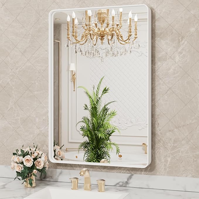 LOAAO 22x30 Inch White Metal Framed Bathroom Mirror for Wall, White Bathroom Vanity Mirror Farmhouse, Large Rounded Rectangle Mirror, Anti-Rust, Hangs Horizontally or Vertically