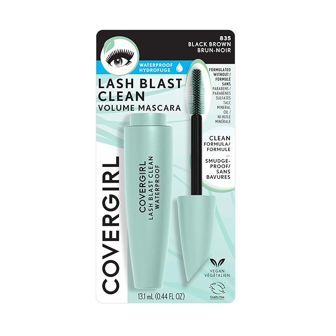 CoverGirl Lash Blast Clean Volume Waterproof Mascara, Vegan Formula, Volumizing, Smudge-Proof, Black Brown, 1 Count