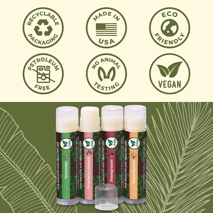 Earth's Daughter Vegan Lip Balm Stocking Stuffers 4-pack, Beeswax Free Lip Balm, Natural, Organic Flavors - Assorted Flavors, Plant Based Vegan Chapstick, Moisturizer
